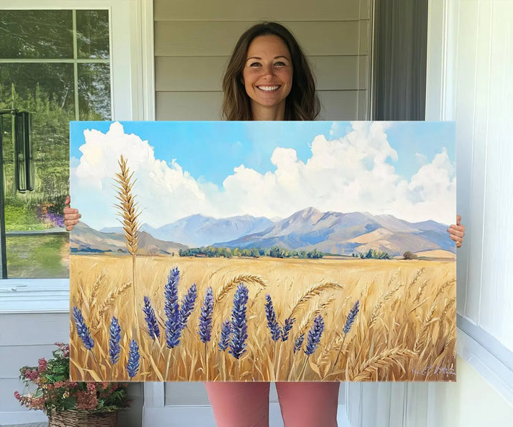 Abstract Wheat Field Wall Art, featuring a scenic landscape canvas print of golden wheat and lavender, adds charm to any farmhouse or rustic decor.