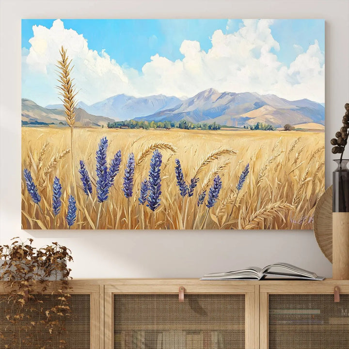 Abstract Wheat Field Wall Art, featuring a scenic landscape canvas print of golden wheat and lavender, adds charm to any farmhouse or rustic decor.