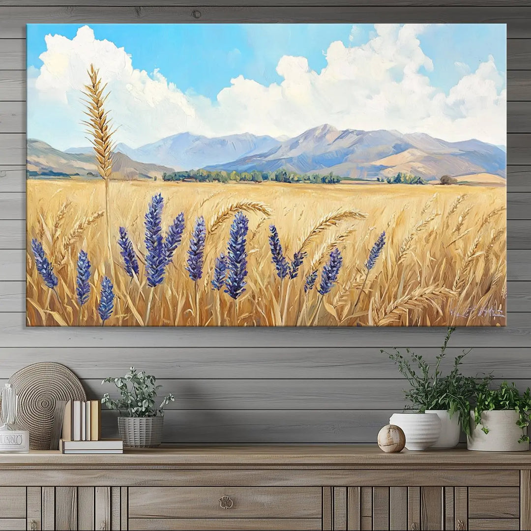 Abstract Wheat Field Wall Art, featuring a scenic landscape canvas print of golden wheat and lavender, adds charm to any farmhouse or rustic decor.