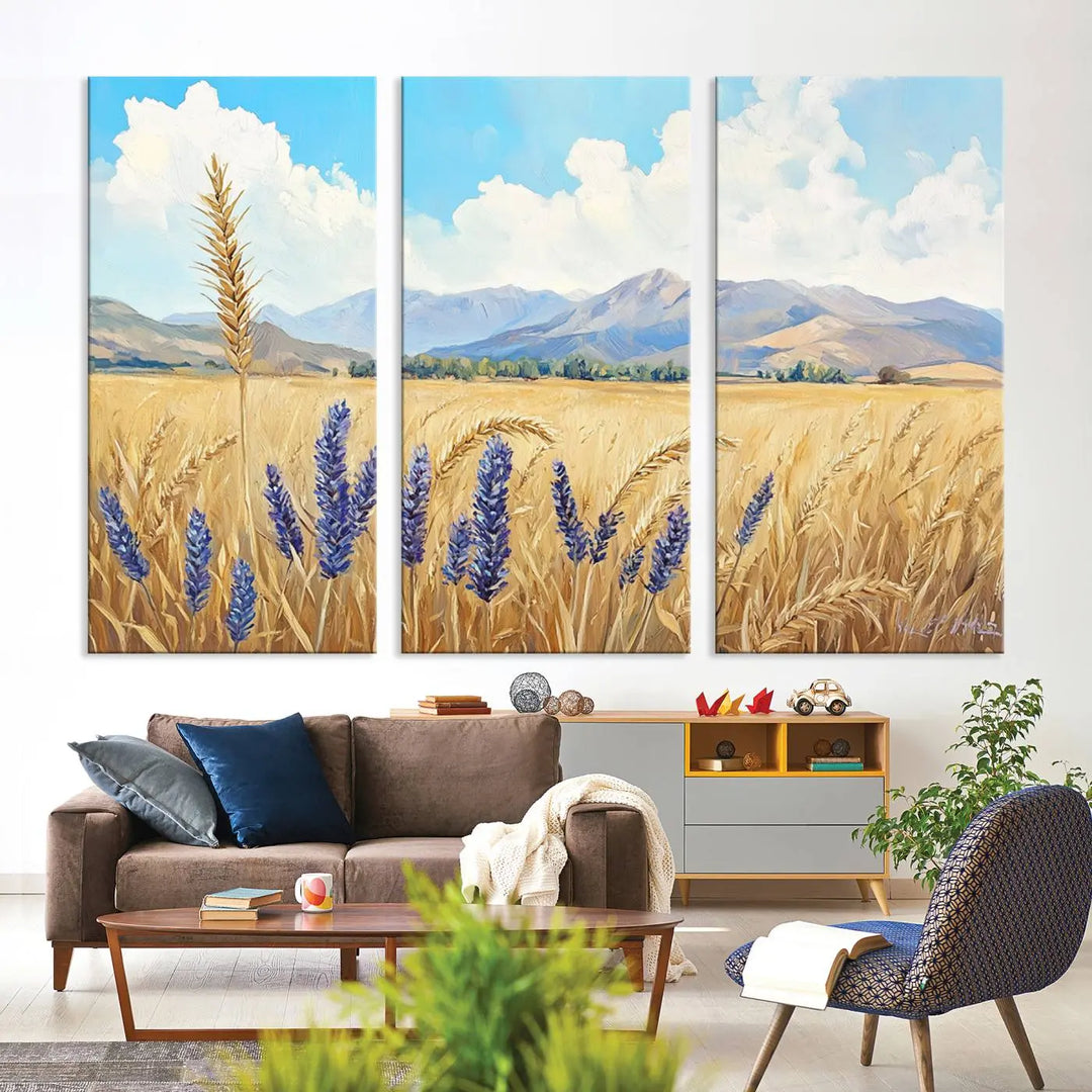 Abstract Wheat Field Wall Art, featuring a scenic landscape canvas print of golden wheat and lavender, adds charm to any farmhouse or rustic decor.