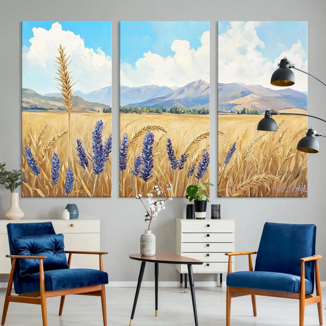 Abstract Wheat Field Wall Art, featuring a scenic landscape canvas print of golden wheat and lavender, adds charm to any farmhouse or rustic decor.