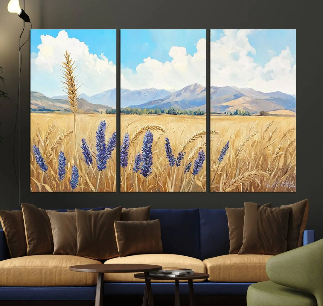 Abstract Wheat Field Wall Art, featuring a scenic landscape canvas print of golden wheat and lavender, adds charm to any farmhouse or rustic decor.