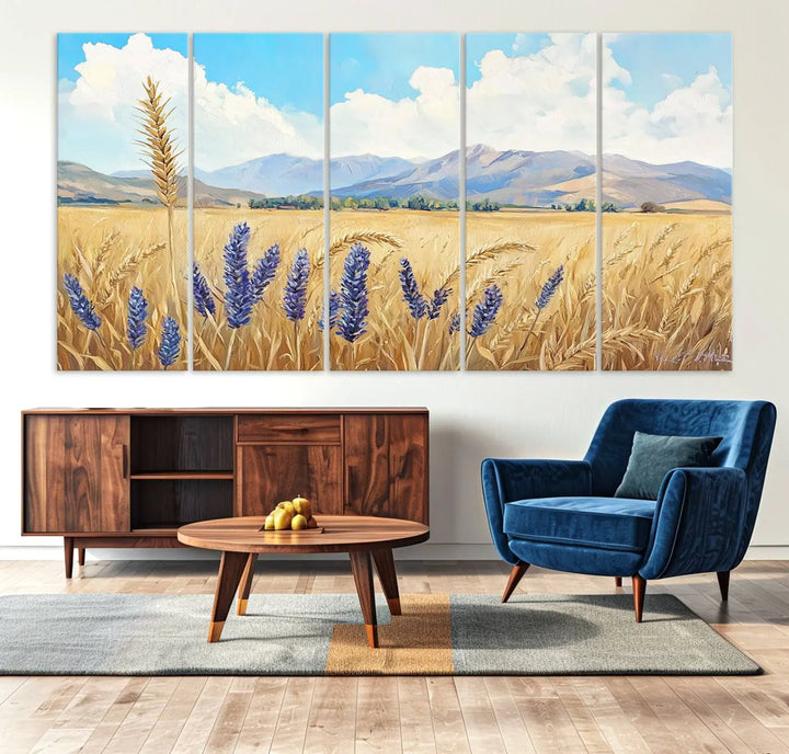 Abstract Wheat Field Wall Art, featuring a scenic landscape canvas print of golden wheat and lavender, adds charm to any farmhouse or rustic decor.