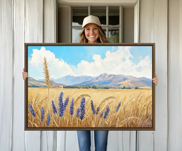 The Abstract Wheat Field Wall Art is a scenic landscape canvas print featuring golden wheat fields and lavender blooms, ideal for farmhouse or rustic decor.