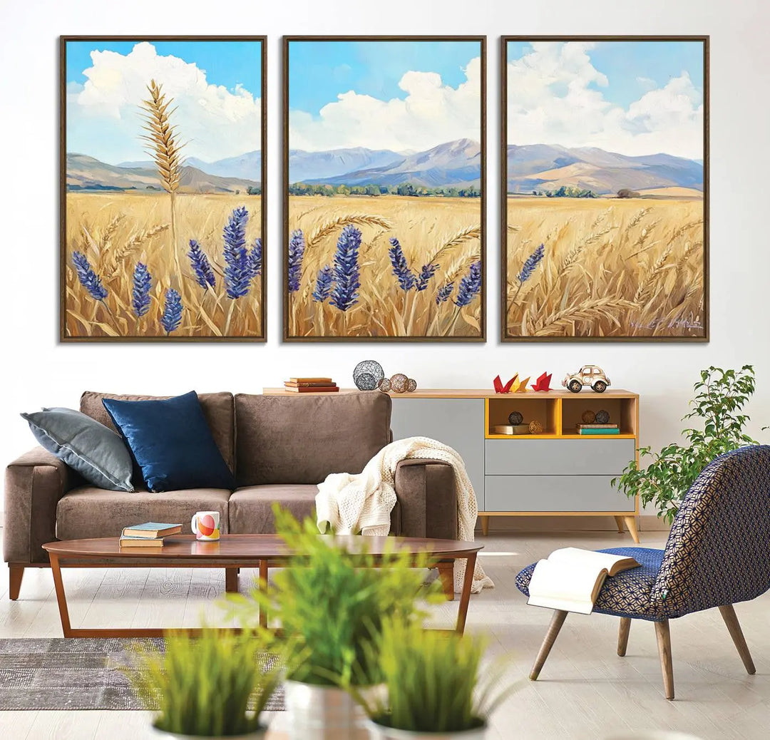 The Abstract Wheat Field Wall Art is a scenic landscape canvas print featuring golden wheat fields and lavender blooms, ideal for farmhouse or rustic decor.