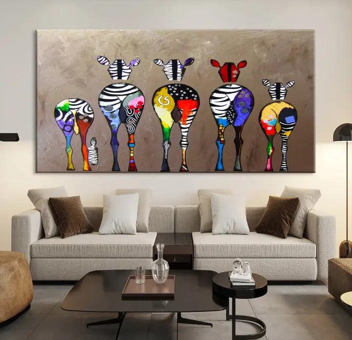 The Abstract Zebras Wall Art Canvas Print features a three-panel design of colorful zebra backs printed on museum-quality canvas. It comes ready to hang for easy installation and is protected with a UV-coating to maintain its vibrant hues.