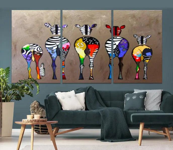 The Abstract Zebras Wall Art Canvas Print features a three-panel design of colorful zebra backs printed on museum-quality canvas. It comes ready to hang for easy installation and is protected with a UV-coating to maintain its vibrant hues.