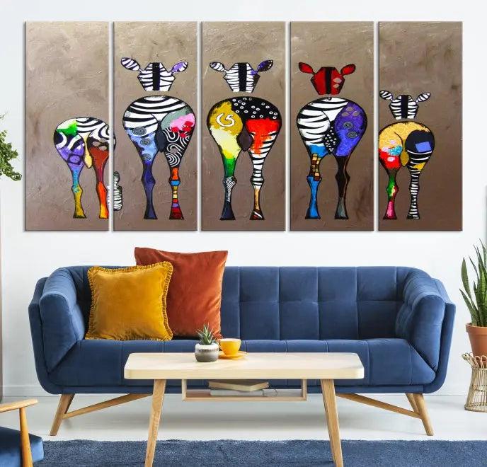 The Abstract Zebras Wall Art Canvas Print features a three-panel design of colorful zebra backs printed on museum-quality canvas. It comes ready to hang for easy installation and is protected with a UV-coating to maintain its vibrant hues.