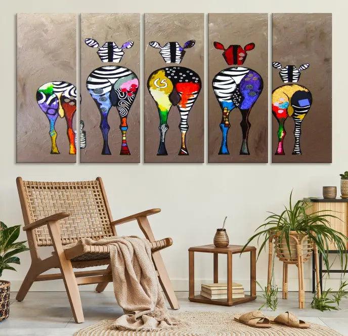 The Abstract Zebras Wall Art Canvas Print features a three-panel design of colorful zebra backs printed on museum-quality canvas. It comes ready to hang for easy installation and is protected with a UV-coating to maintain its vibrant hues.