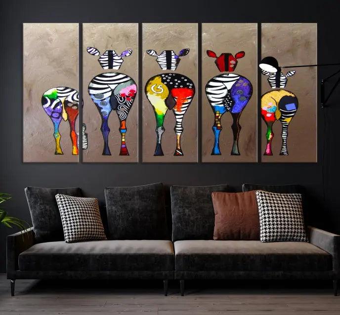 The Abstract Zebras Wall Art Canvas Print features a three-panel design of colorful zebra backs printed on museum-quality canvas. It comes ready to hang for easy installation and is protected with a UV-coating to maintain its vibrant hues.