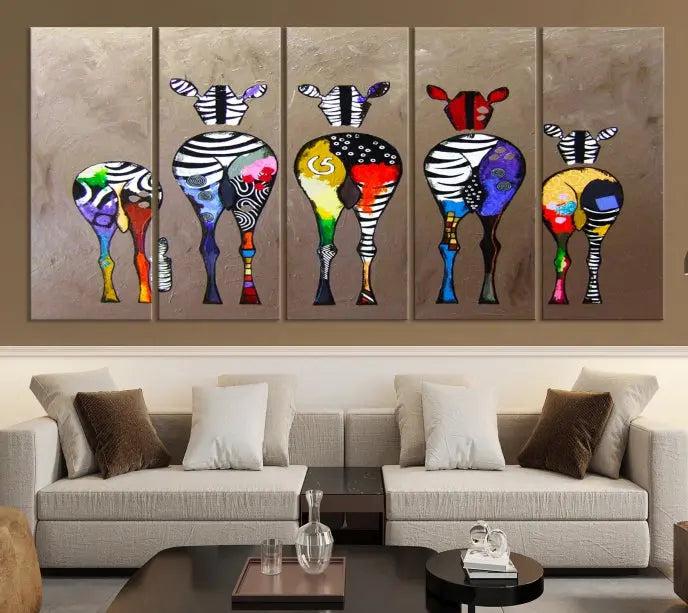 The Abstract Zebras Wall Art Canvas Print features a three-panel design of colorful zebra backs printed on museum-quality canvas. It comes ready to hang for easy installation and is protected with a UV-coating to maintain its vibrant hues.