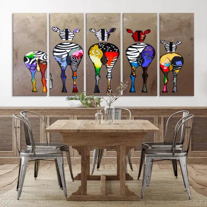 The Abstract Zebras Wall Art Canvas Print features a three-panel design of colorful zebra backs printed on museum-quality canvas. It comes ready to hang for easy installation and is protected with a UV-coating to maintain its vibrant hues.