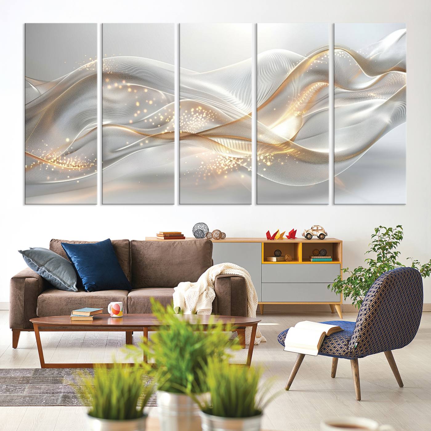 Lines2-MGV-CV-60X31-5P-Abstract art Grey and Gold Lines Wall Art