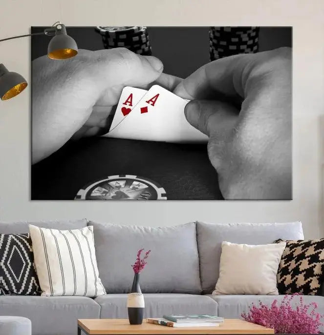 Ace of Hearts poker hand triptych canvas wall art in a living room.