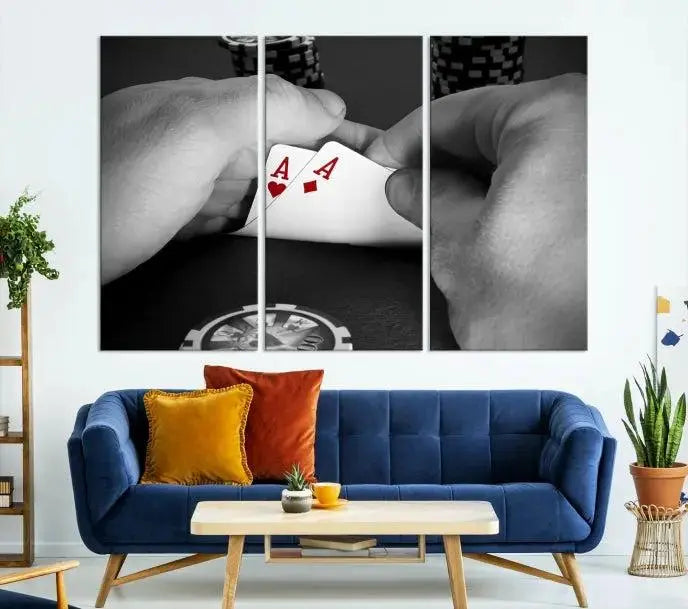 Ace of Hearts poker hand triptych canvas wall art in a living room.