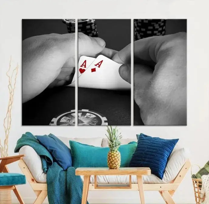 Ace of Hearts poker hand triptych canvas wall art in a living room.