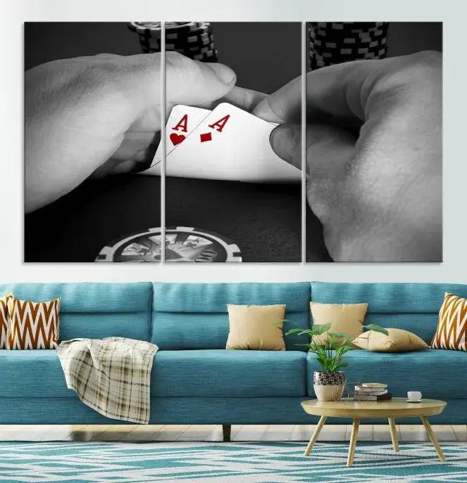 Ace of Hearts poker hand triptych canvas wall art in a living room.