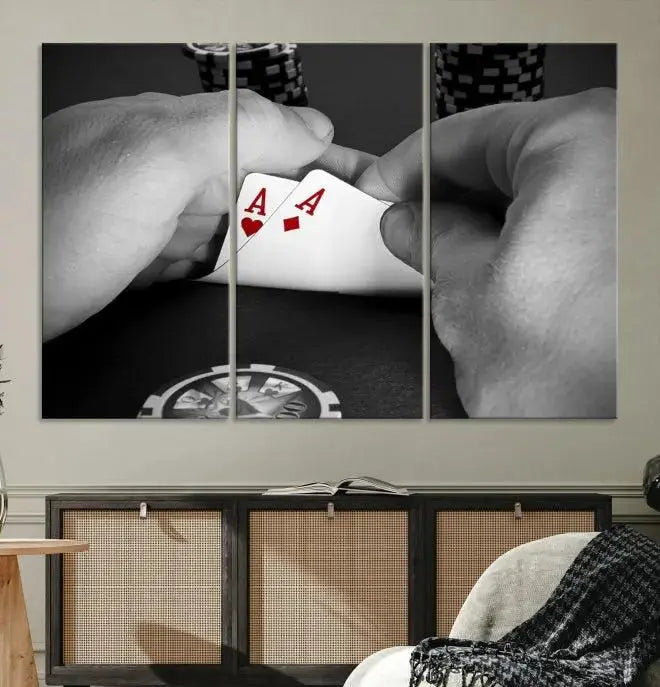 Ace of Hearts poker hand triptych canvas wall art in a living room.