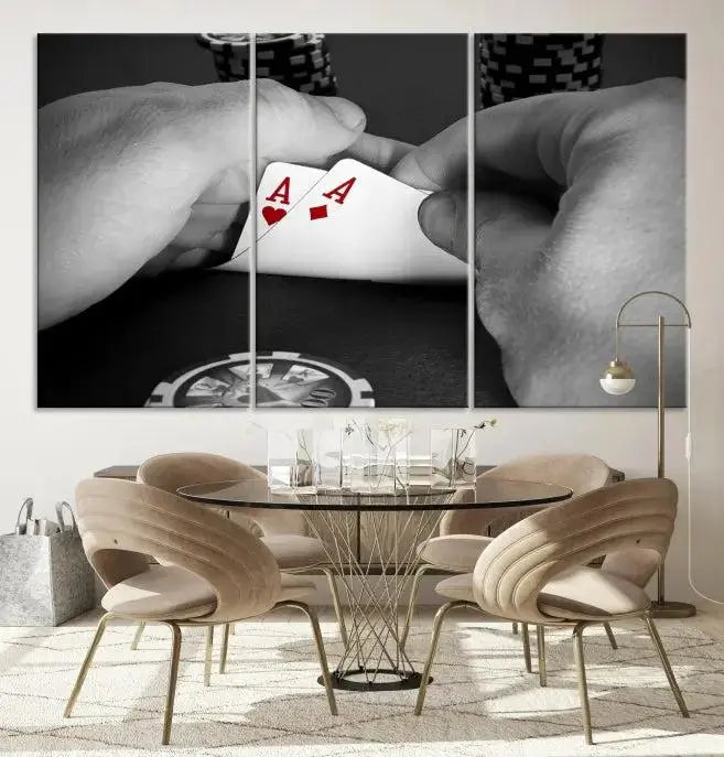 Ace of Hearts poker hand triptych canvas wall art in a living room.