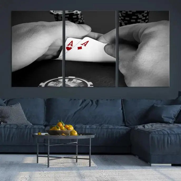 Ace of Hearts poker hand triptych canvas wall art in a living room.