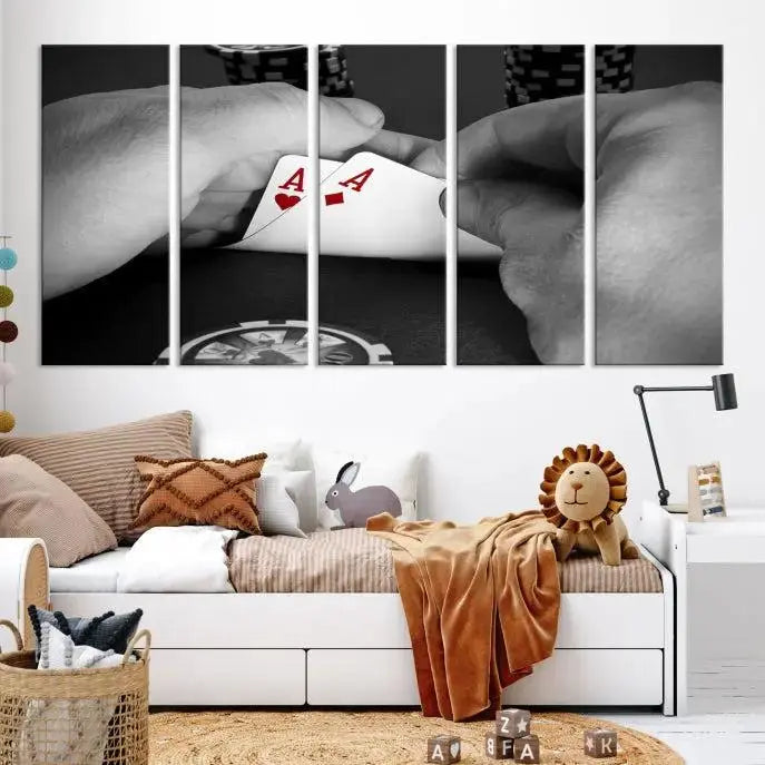 Ace of Hearts poker hand triptych canvas wall art in a living room.