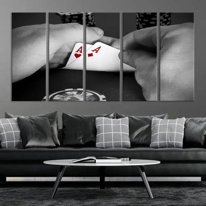 Ace of Hearts poker hand triptych canvas wall art in a living room.