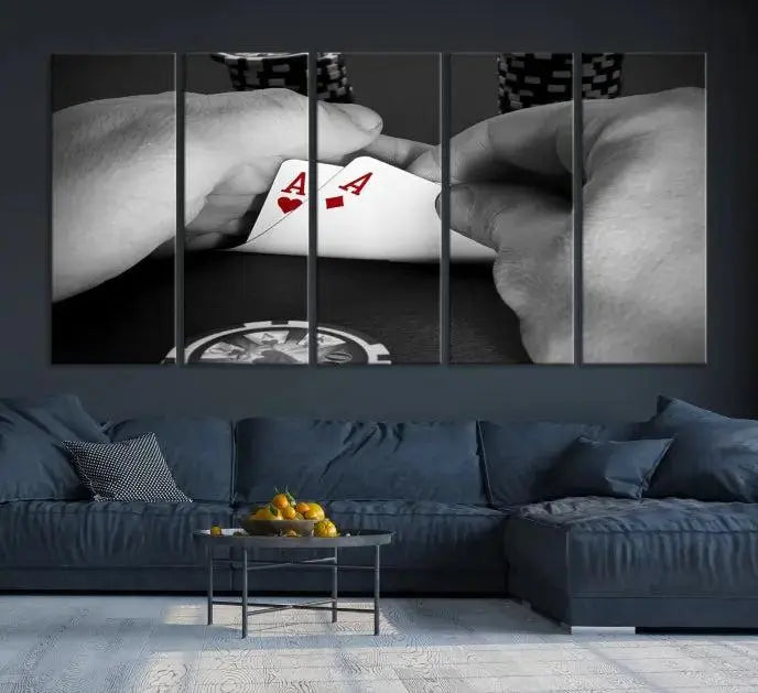 Ace of Hearts poker hand triptych canvas wall art in a living room.