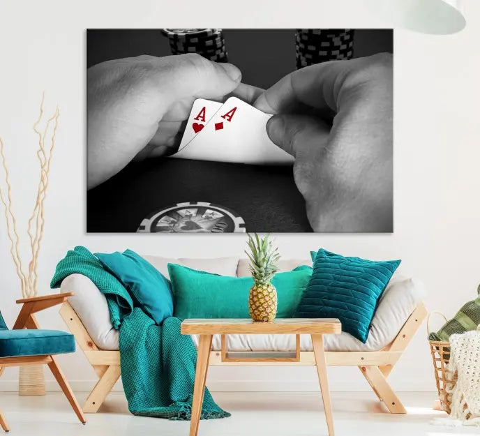 Ace of Hearts poker hand triptych canvas wall art in a living room.