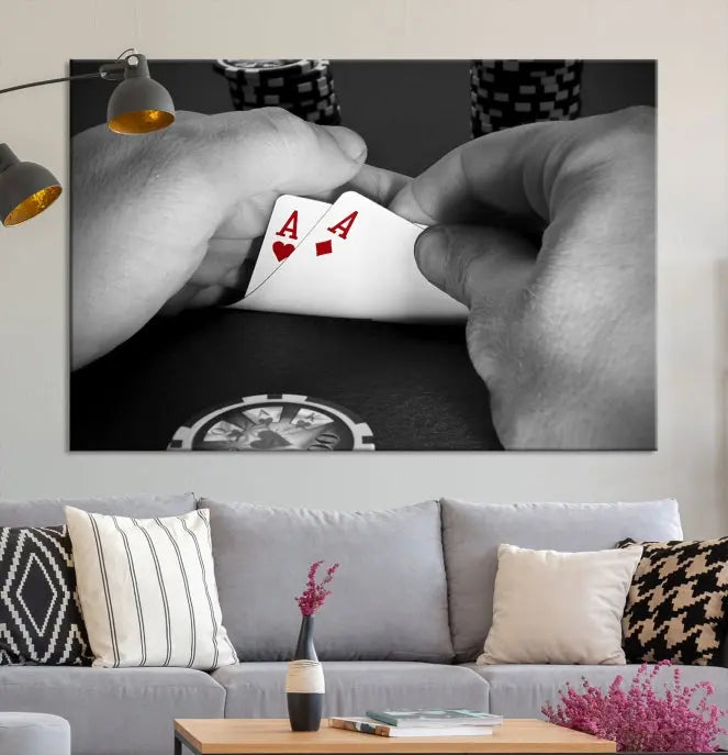 Ace of Hearts poker hand triptych canvas wall art in a living room.