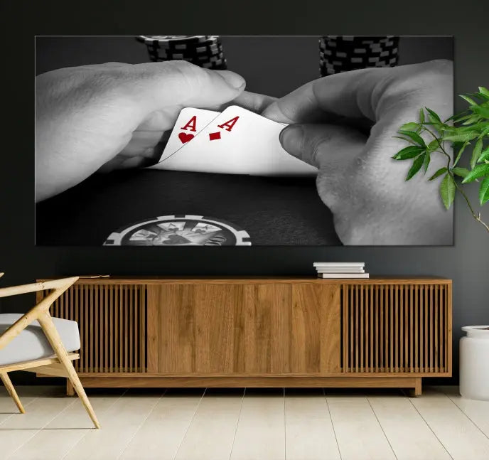 Ace of Hearts poker hand triptych canvas wall art in a living room.