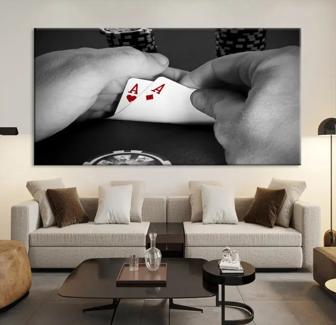 Ace of Hearts poker hand triptych canvas wall art in a living room.