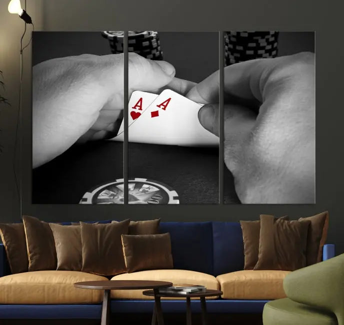 Ace of Hearts poker hand triptych canvas wall art in a living room.