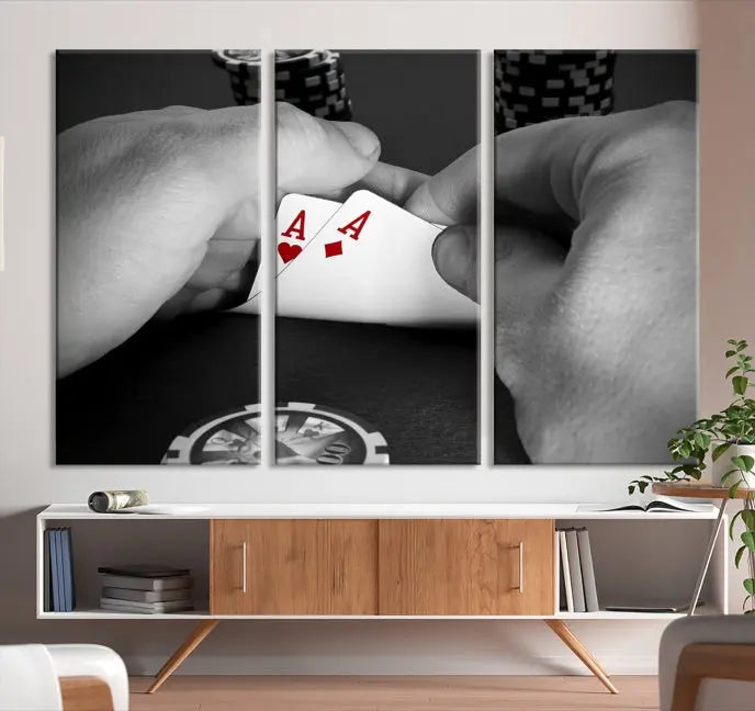 Ace of Hearts poker hand triptych canvas wall art in a living room.