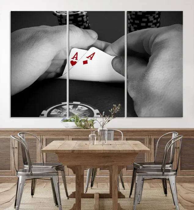 Ace of Hearts poker hand triptych canvas wall art in a living room.