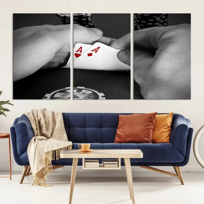 Ace of Hearts poker hand triptych canvas wall art in a living room.