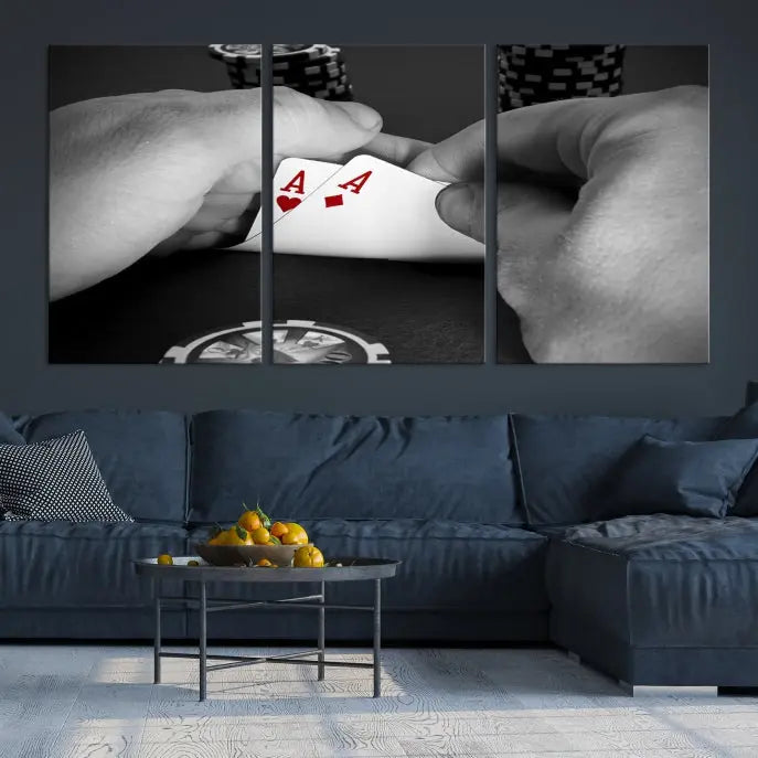 Ace of Hearts poker hand triptych canvas wall art in a living room.