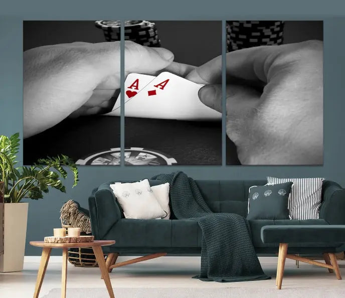 Ace of Hearts poker hand triptych canvas wall art in a living room.