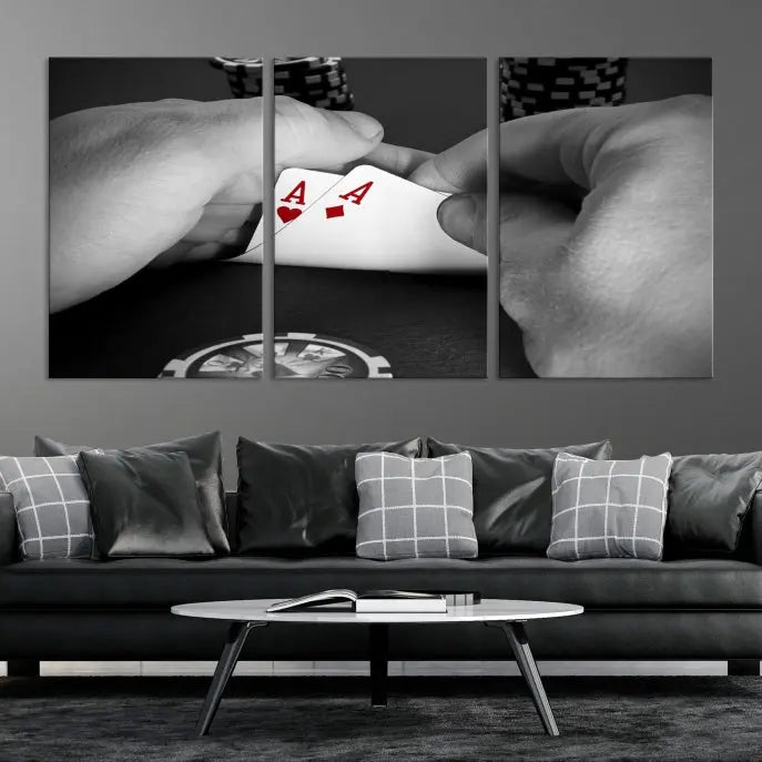 Ace of Hearts poker hand triptych canvas wall art in a living room.