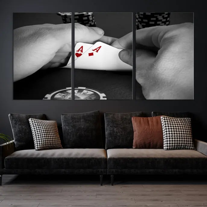 Ace of Hearts poker hand triptych canvas wall art in a living room.