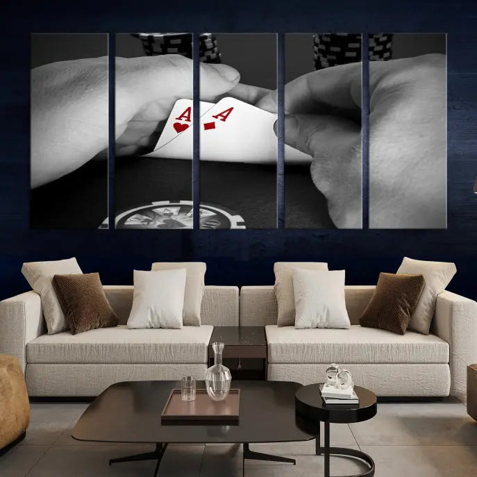 Ace of Hearts poker hand triptych canvas wall art in a living room.