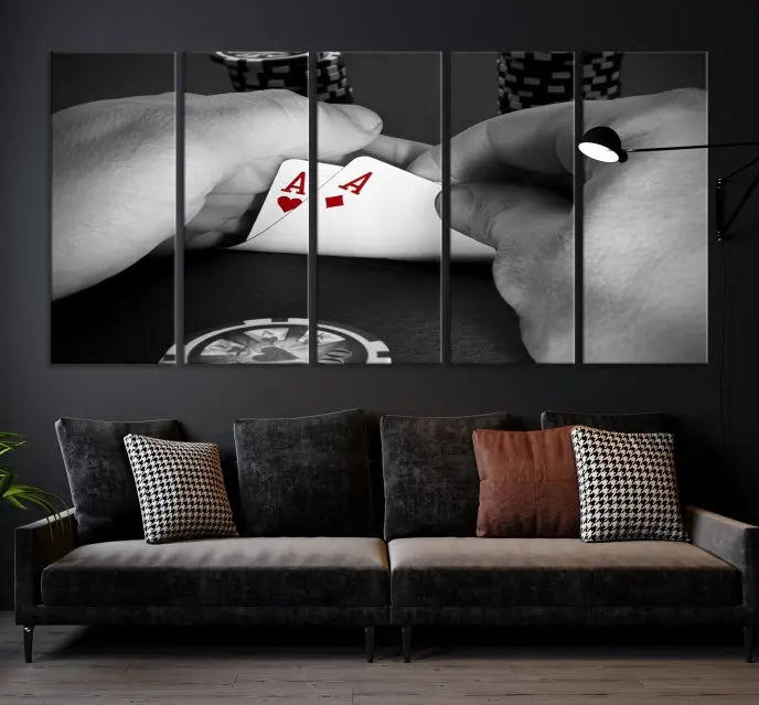 Ace of Hearts poker hand triptych canvas wall art in a living room.