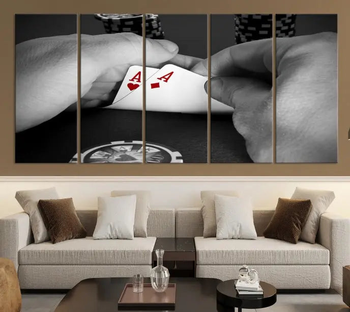 Ace of Hearts poker hand triptych canvas wall art in a living room.