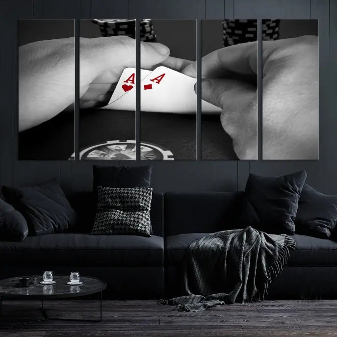 Ace of Hearts poker hand triptych canvas wall art in a living room.