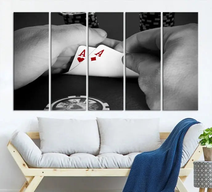 Ace of Hearts poker hand triptych canvas wall art in a living room.