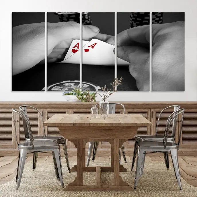 Ace of Hearts poker hand triptych canvas wall art in a living room.