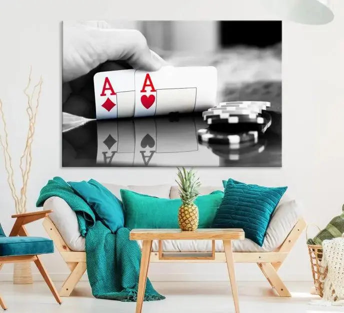 The split image of a poker hand displaying two aces and poker chips on a reflective table is captured in this wall art. Titled "Aces Poker Art Poker Game Wall Art Canvas Print," it is crafted on museum-quality canvas to convey elegance and precision. Enjoy the added perk of free shipping on this masterpiece made in the USA.