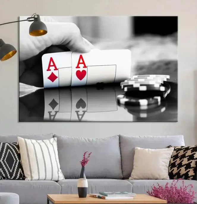 The split image of a poker hand displaying two aces and poker chips on a reflective table is captured in this wall art. Titled "Aces Poker Art Poker Game Wall Art Canvas Print," it is crafted on museum-quality canvas to convey elegance and precision. Enjoy the added perk of free shipping on this masterpiece made in the USA.