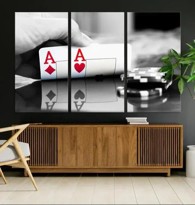 The split image of a poker hand displaying two aces and poker chips on a reflective table is captured in this wall art. Titled "Aces Poker Art Poker Game Wall Art Canvas Print," it is crafted on museum-quality canvas to convey elegance and precision. Enjoy the added perk of free shipping on this masterpiece made in the USA.