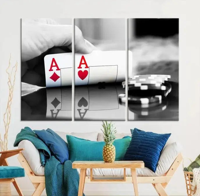 The split image of a poker hand displaying two aces and poker chips on a reflective table is captured in this wall art. Titled "Aces Poker Art Poker Game Wall Art Canvas Print," it is crafted on museum-quality canvas to convey elegance and precision. Enjoy the added perk of free shipping on this masterpiece made in the USA.