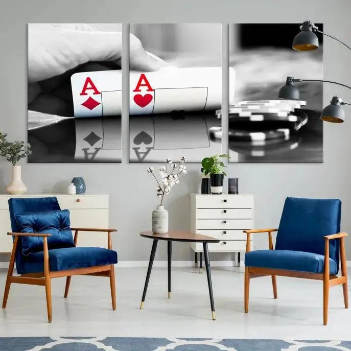 The split image of a poker hand displaying two aces and poker chips on a reflective table is captured in this wall art. Titled "Aces Poker Art Poker Game Wall Art Canvas Print," it is crafted on museum-quality canvas to convey elegance and precision. Enjoy the added perk of free shipping on this masterpiece made in the USA.